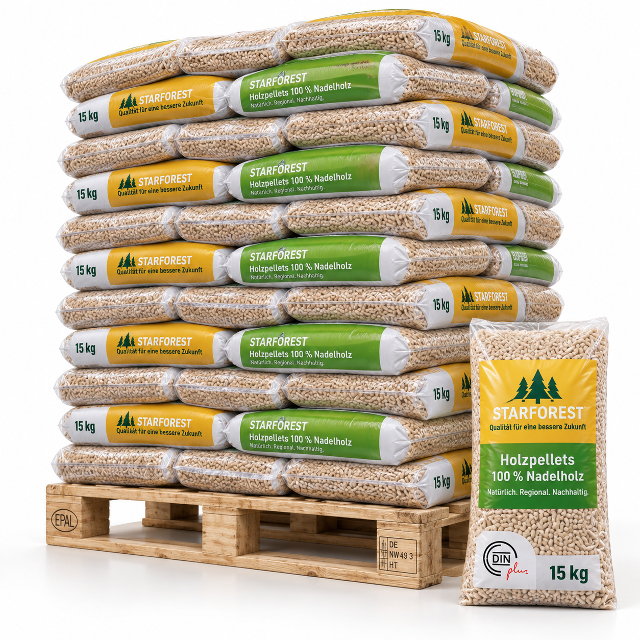 ec573f10-89f1-40cf-baad-e6c1cca6ea77.png Starforest Holzpellets – 70 × 15 kg Palette (1.050 kg) – 100 % Nadelholz, DINplus – Image 1